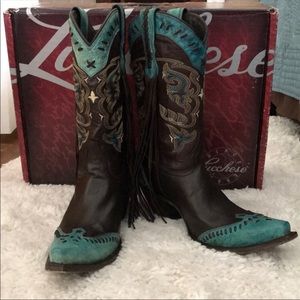 Lucchese brown and turquoise boots with fringe